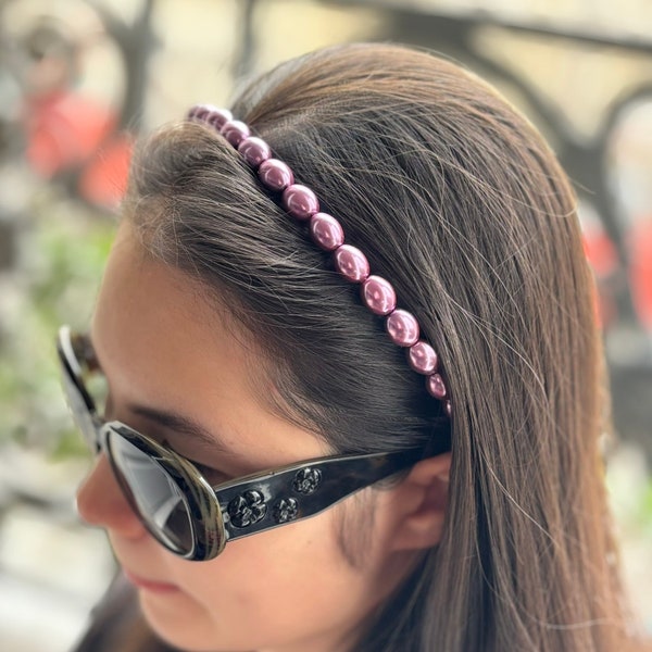 Serre tête bandeau en perles nacrées ovales, accessoire cheveux tendance