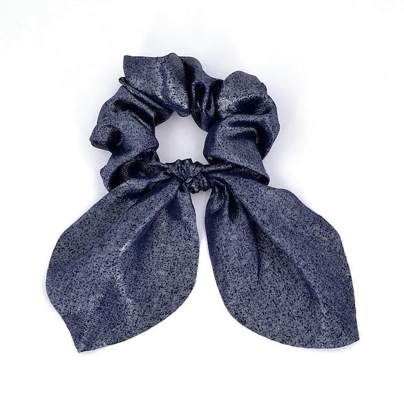 Shiny fabric elastic hair scrunchie with removable bow, hair accessory  blue