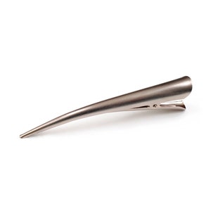 Peut inclure: Une longue pince &agrave; cheveux fine avec une finition m&eacute;tallique argent&eacute;e bross&eacute;e. L'accessoire pr&eacute;sente un design effil&eacute; et pointu qui se courbe l&eacute;g&egrave;rement vers l'extr&eacute;mit&eacute;, avec un m&eacute;canisme &agrave; charni&egrave;re &agrave; la base pour fixer les cheveux.