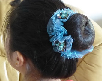 Elastique chouchou cheveux, accessoire cheveux, bracelet perle fleur - bleu