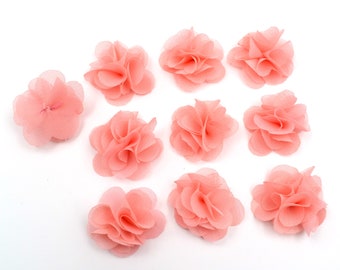 Set of 10 small flowers in salmon pink voile fabric