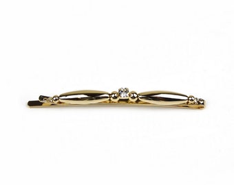 Hair barrette clip in gold metal and rhinestones 6.5cm