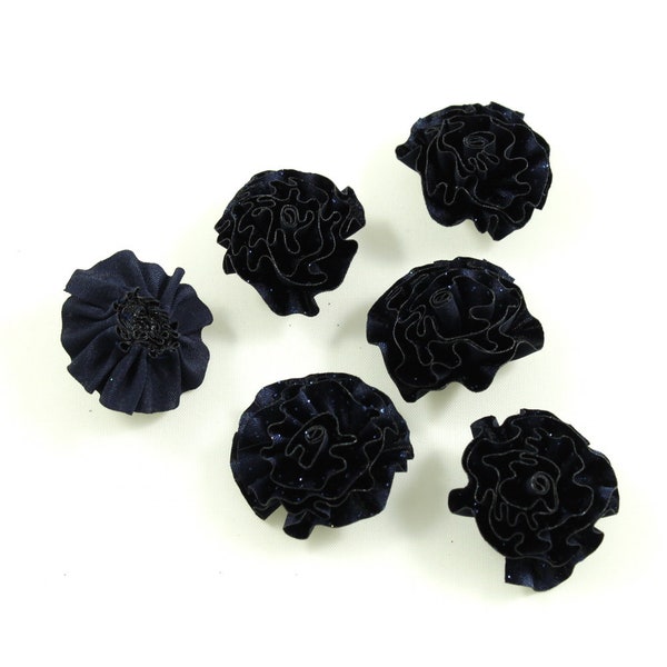 Lot de 6 petites fleurs en tissu satiné et paillettes - bleu marine