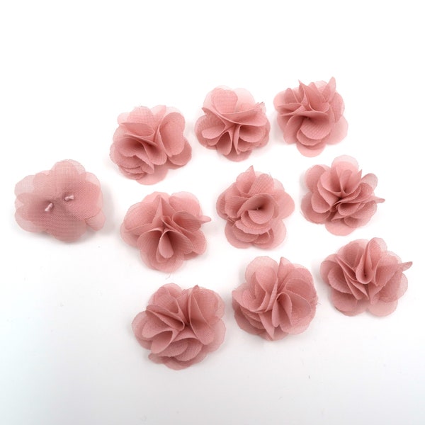 Lot de 10 petites fleurs en tissu voile vieux rose