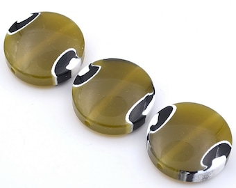 Set of 6 flat round polyresin beads 36x12mm - olive green