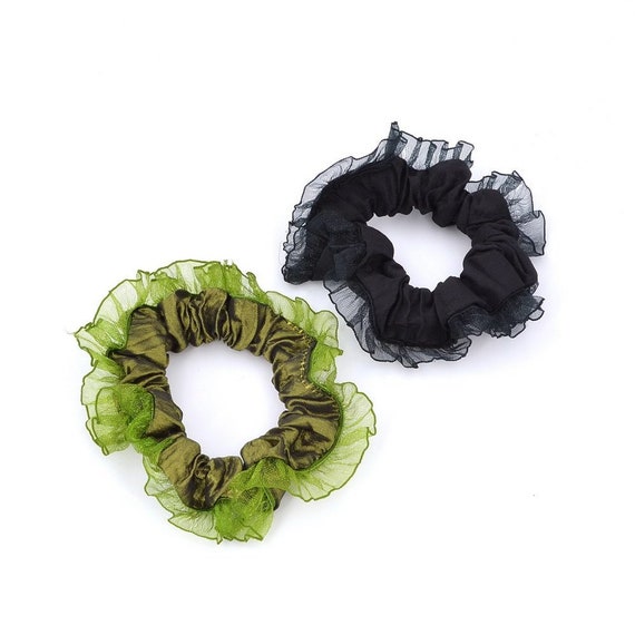2 Hair Ties Hair Satin With Fancy 8cm Green Black Border Etsy