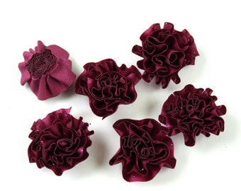 Lot de 6 petites fleurs en tissu satiné et paillettes - rose foncé