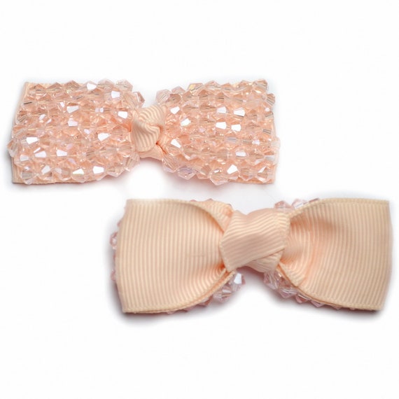 Lot of 2 embroidered satin bows beaded tops 6.5x2.5cm powder pink