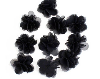 Set of 10 small black voile fabric flowers