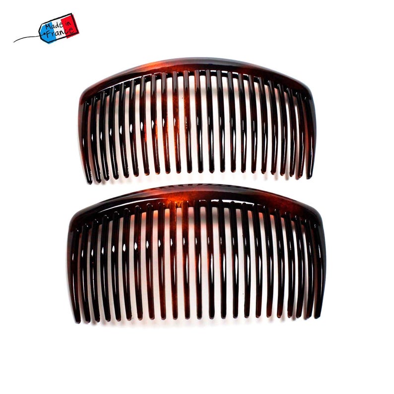 2 large brown side combs, Made in France, 10.3cm x 5.6cm, hair accessory image 1