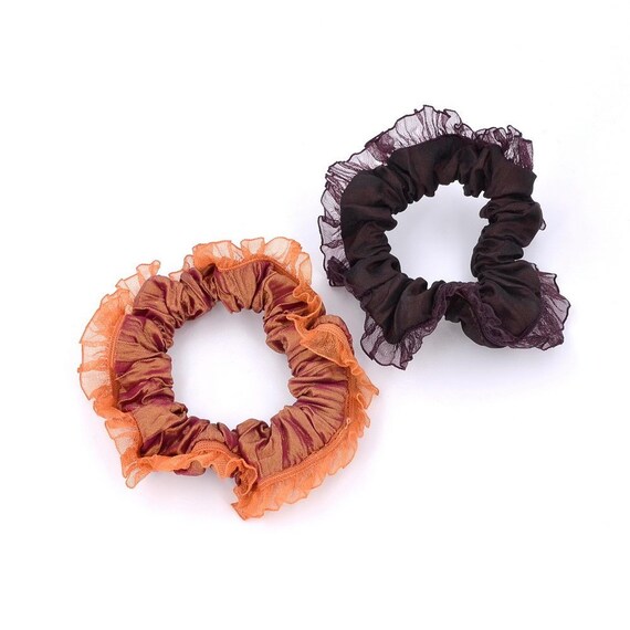 2 Satin Elastic Hair Scrunchies With Fancy Trim, 8cm Brown  display picture 3