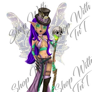 May include: Digital illustration of a fantasy character with purple hair, green eyes, and pointed ears. She wears a top hat with a skull, a green and purple outfit, and holds a staff topped with a skull. The image has Shop With TnT text.