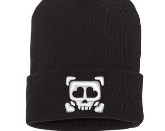 Embroidered Heart Skull Beanie | Hat | Cuffed Beanie | Winter Hat