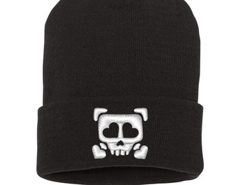 Embroidered Heart Skull Cuffed Beanie - Winter Hat