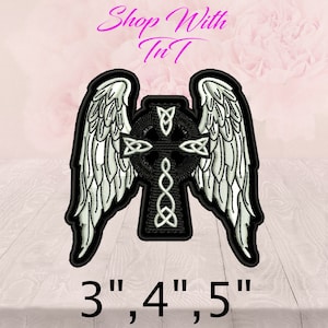 May include: Black and white embroidered patch of a Celtic cross with angel wings. The cross is decorated with a Celtic knot design. The patch is available in 3", 4", and 5" sizes.