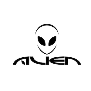 May include: Black and white illustration of an alien with the word "ALIEN" written in a stylized font.