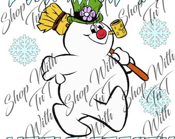 May include: A cartoon snowman with a red nose, wearing a green hat with a purple flower, holding a yellow broom and a yellow pipe. The text reads FEELING A LITTLE FROSTY, surrounded by light blue snowflakes on a white background.