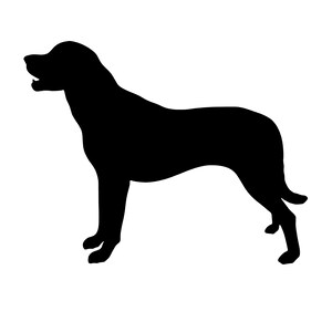 May include: Silhouette of a black dog standing on all four legs with its head turned to the left. The dog is facing the left side of the image.