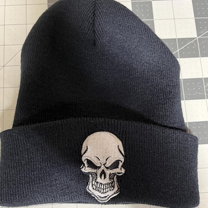 Embroidered Skull Cuffed Beanie - Biker Metal Winter Hat