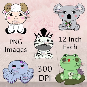 以下が含まれることがあります： 怒った表情をしたかわいい動物キャラクターが描かれた、12インチのデジタル画像4点セット。動物は羊、コアラ、シマウマ、カエルです。画像は300 DPIでPNG形式です。