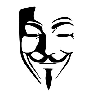 May include: Black and white illustration of a stylized face wearing a mask with a mustache and goatee. The mask has one eye closed and the other eye open. The mask is a popular symbol of anonymity and rebellion.