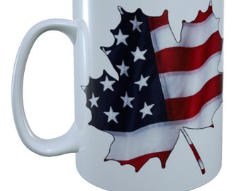 American Flag Maple Leaf Mug - Patriotic Drinkware - 15 oz Ceramic Cup