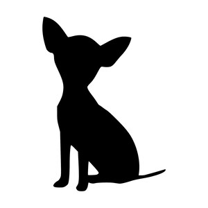 May include: Black silhouette of a small dog sitting with its ears perked up.