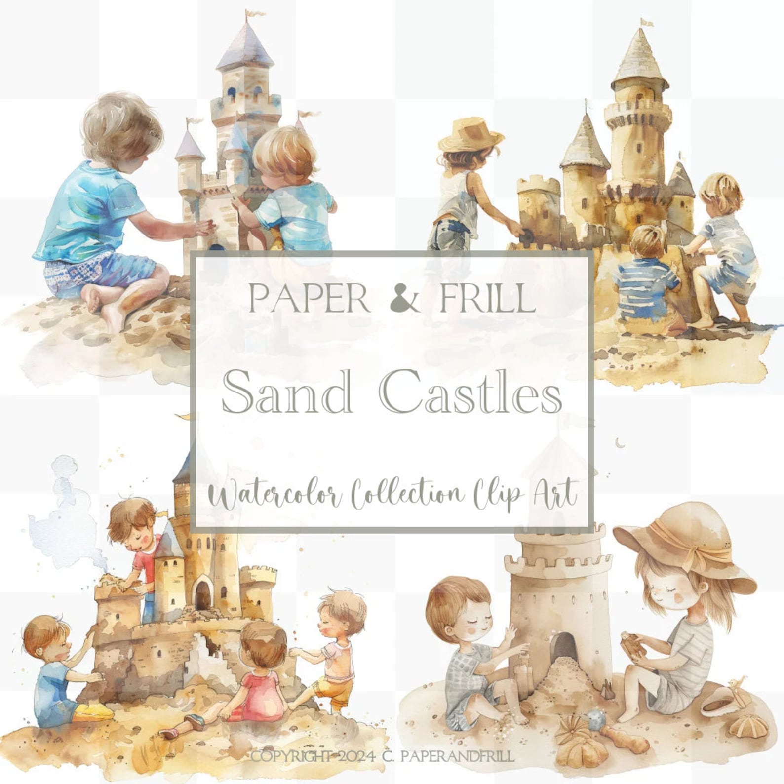 Playful Beach Fun Clipart - Set of 12 Watercolor Sandcastle
