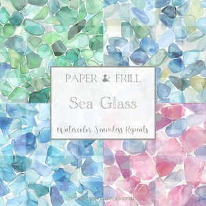 Sea Glass Digital Paper Pack - Watercolor Textures - Beach Ocean Scrapbooking Backgrounds - Blue, Green, Pink, Aqua - Instant Download