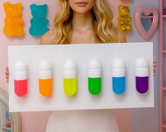 CHILL PILL Fluorescent 3D Resin Wall Art Sculpture/ Neon Rainbow Pills/ pill art/ pill sculpture / Pop art/ dopamine decor/ kitsch wall art