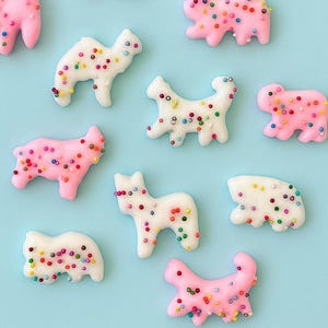 May include: An overhead shot shows an assortment of animal-shaped cookies on a light blue surface. The cookies are decorated with white and pink frosting and colorful sprinkles. The cookies are in the shape of horses, dogs, and other animals.