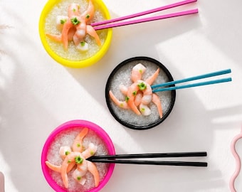 SHRIMP RICE BOWL Resin Wall Art – Funky Dopamine Decor, Kitschy 3D Sculpture with Chopsticks, Unique Asian Food-Inspired Home Accent