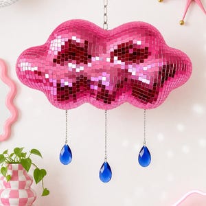 Pink rain cloud disco ball chandelier – dopamine decor kitsch art| kawaii room lighting| funky resin cloud sculpture| retro glam home decor