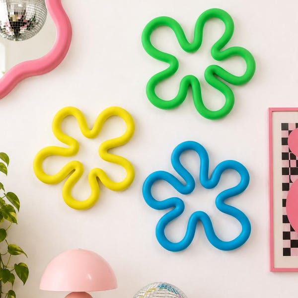 Jumbo 8" Retro Flower Wall Art Sculpture – 3D Kitsch Pop Art | Cartoon Flower Decor | Dopamine Decor | Mod Wall Flowers |