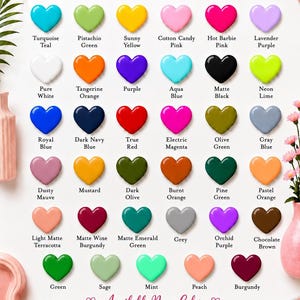 May include: A color chart featuring rows of heart-shaped icons with text labels. The chart displays Available Color Options and Available Neon Colors. Each heart represents a specific color, including shades like turquoise, pistachio, yellow, pink, and black.