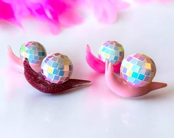 SNAIL DISCO BALL Iridescent mini figurine/ handmade resin sculpture/ mini snail/ miniature/ disco ball/ custom color/ kawaii/ dopamine Decor