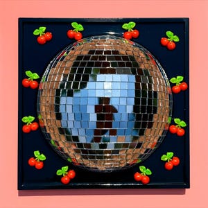 CHERRY DISCO BALL 3D Resin Wall Art | 8x8 Kitsch Pop Art Sculpture | Funky Retro Dopamine Décor / kawaii decor/ Fun Pop Art/ red Cherry Art
