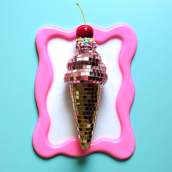 HUGE 8 inch ICE CREAM Cone Disco ball 3d resin wall art / wall art/ mirror ball / disco ball/ wall sculpture / 3d/ Fake food/ dopamine decor