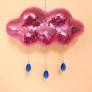 Pink rain cloud disco ball chandelier – dopamine decor kitsch art| kawaii room lighting| funky resin cloud sculpture| retro glam home decor