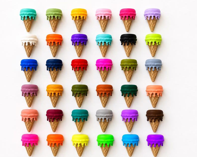 May include: A grid of thirty-six miniature ice cream cone sculptures arranged in six rows and six columns. Each cone features a textured tan base topped with a smooth, solid-colored scoop of ice cream that appears to be melting down the sides.