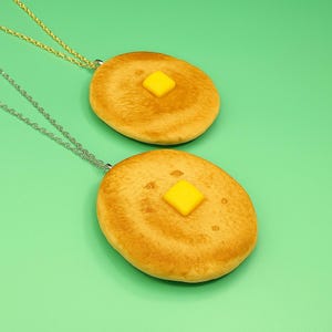 Pancakes & butter 2.25&quot; pendant necklace/ giant statement necklace / resin/ kitschy / kawaii/ dopamine jewelry / silver or gold/ 24&quot; chain