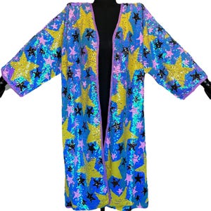Blue iridescent stars sequins kimono jacket/ outer space/ celestial sequins/ festival kimono / mermaid /party jacket/ kimono holographic/