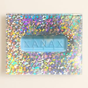 Holographic Xanax CHILL PILL 3d Wall Art – Resin Sculpture | Iridescent Pop Art Decor | Faux Prescription Art for Modern, Edgy Interiors