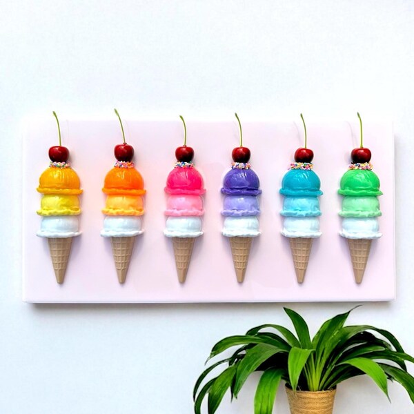 ICE CREAM Cone Pink 3d wall art/ Rainbow resin art/ waffle cone/ cherry/ Dopamine Decor/ food/ pop art/ resin sculpture/ Sprinkles/ kitschy