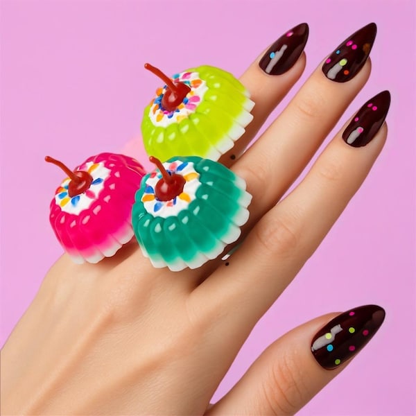 Jelly cake ring / statement ring/ sprinkles/ cherry/ kawaii/ hypoallergenic/ dopamine jewelry / silver or gold/ custom color / adjustable