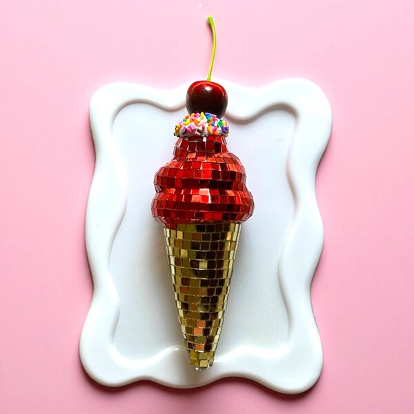 HUGE 8 inch ICE CREAM Cone Disco ball 3d resin wall art / wall art/ mirror ball / disco ball/ wall sculpture / 3d/ Fake food/ dopamine decor