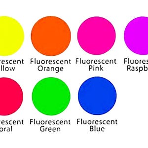 May include: Eight brightly coloured, fluorescent circles are arranged on a white background. The colours are yellow, orange, pink, raspberry, coral, green, and blue, each with a label beneath.