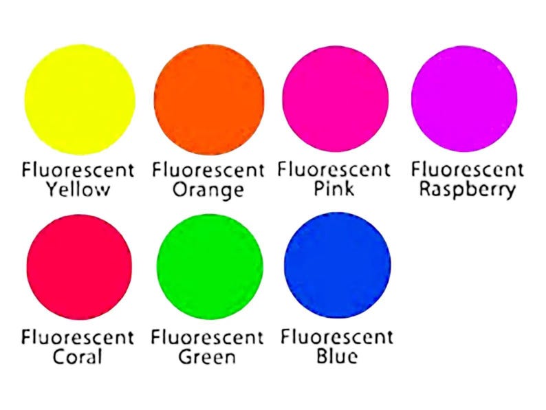 May include: Eight brightly coloured, fluorescent circles are arranged on a white background. The colours are yellow, orange, pink, raspberry, coral, green, and blue, each with a label beneath.