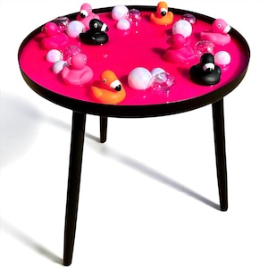 FLAMINGO RUBBER DUCK Table - Side Table/ Iridescent Bubbles/ Rubber Ducks/ Dopamine Decor/ Kitschy Decor/Water table/ Retro 90s Decor/ Pink