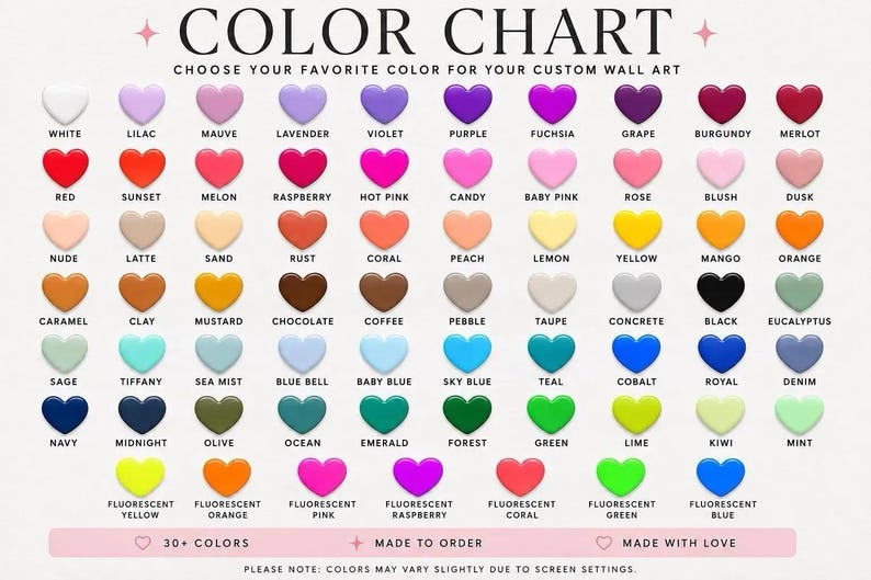 Pode incluir: Uma tabela de cores para arte de parede personalizada com uma grade de &iacute;cones de cora&ccedil;&atilde;o em v&aacute;rios tons, incluindo branco, lil&aacute;s, malva, lavanda, violeta, roxo, f&uacute;csia, uva, bord&ocirc;, merlot, vermelho, p&ocirc;r do sol, mel&atilde;o, framboesa, rosa choque, doce, rosa beb&ecirc;, rosa, blush, crep&uacute;sculo, nude, latte, areia, ferrugem, coral, p&ecirc;ssego, lim&atilde;o, amarelo, manga, laranja, caramelo, argila, mostarda, chocolate, caf&eacute;, seixo, taupe, concreto, preto, eucalipto, s&aacute;lvia, tiffany, n&eacute;voa marinha, campainha, azul beb&ecirc;, azul c&eacute;u, cerceta, cobalto, real, jeans, marinho, meia-noite, oliva, oceano, esmeralda, floresta, verde, lima, kiwi, menta e op&ccedil;&otilde;es fluorescentes.